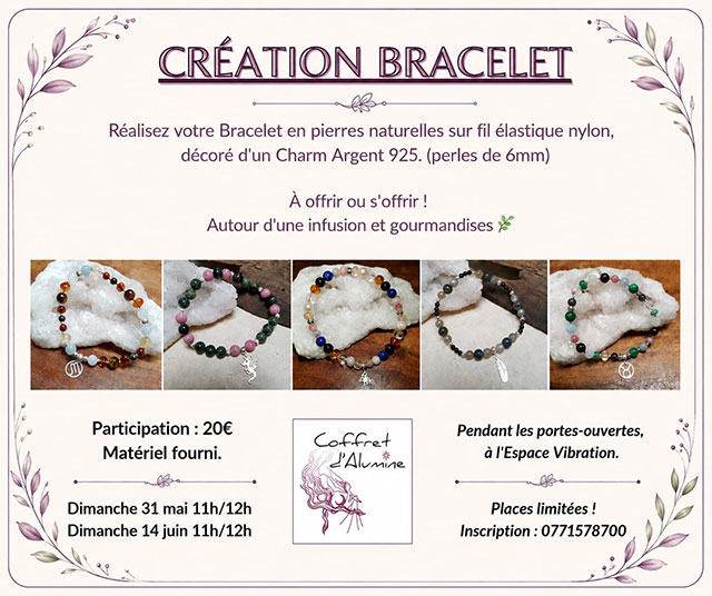 Affiche présentant l’atelier de création de bracelet en pierres naturelles animé par Floriane Fagot du Coffret d’Alumine lors des Portes Ouvertes à Plaisir 78370.