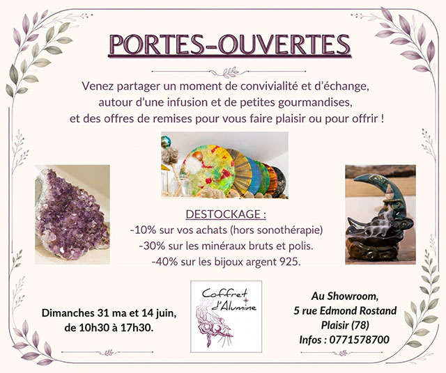 Affiche des Portes Ouvertes bien‑être à Plaisir 78370 au Coffret d’Alumine, présentant massages, atelier bracelets, conférences et offres de destockage.