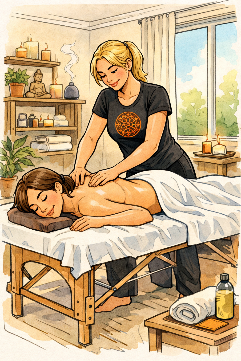 Praticienne bien-être effectuant un massage des 5 continents, sur une table de massage, à domicile