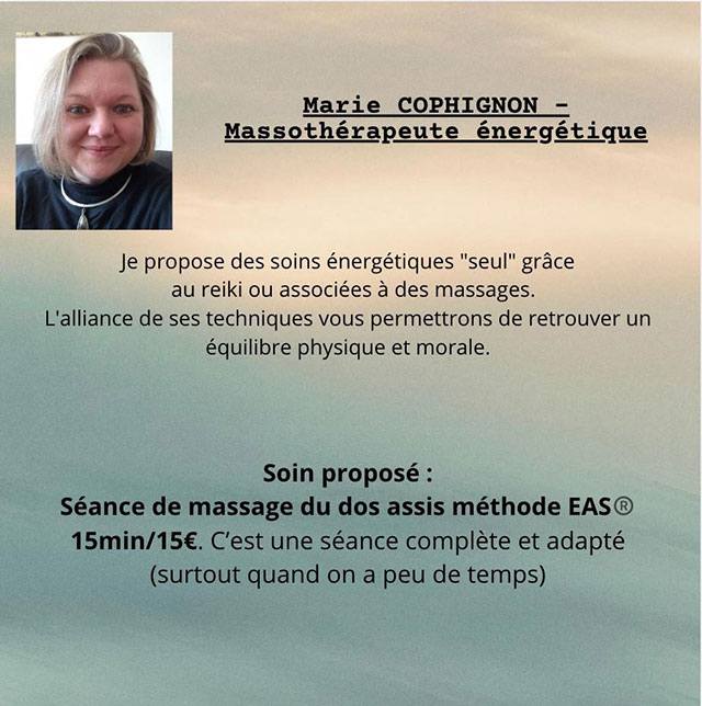 Flyer du cabinet Blowball à Guyancourt mettant en avant les massages assis EAS® et le Reiki Usui proposés par Marie à Saint‑Quentin‑en‑Yvelines