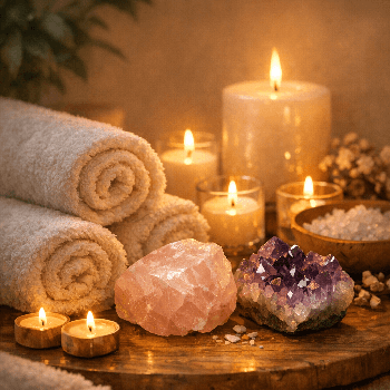 Image bien-être avec serviettes enroulées, bougies allumées, quartz rose et améthyste — ambiance spa cocoon à Saint-Quentin-en-Yvelines, Élancourt et Guyancourt